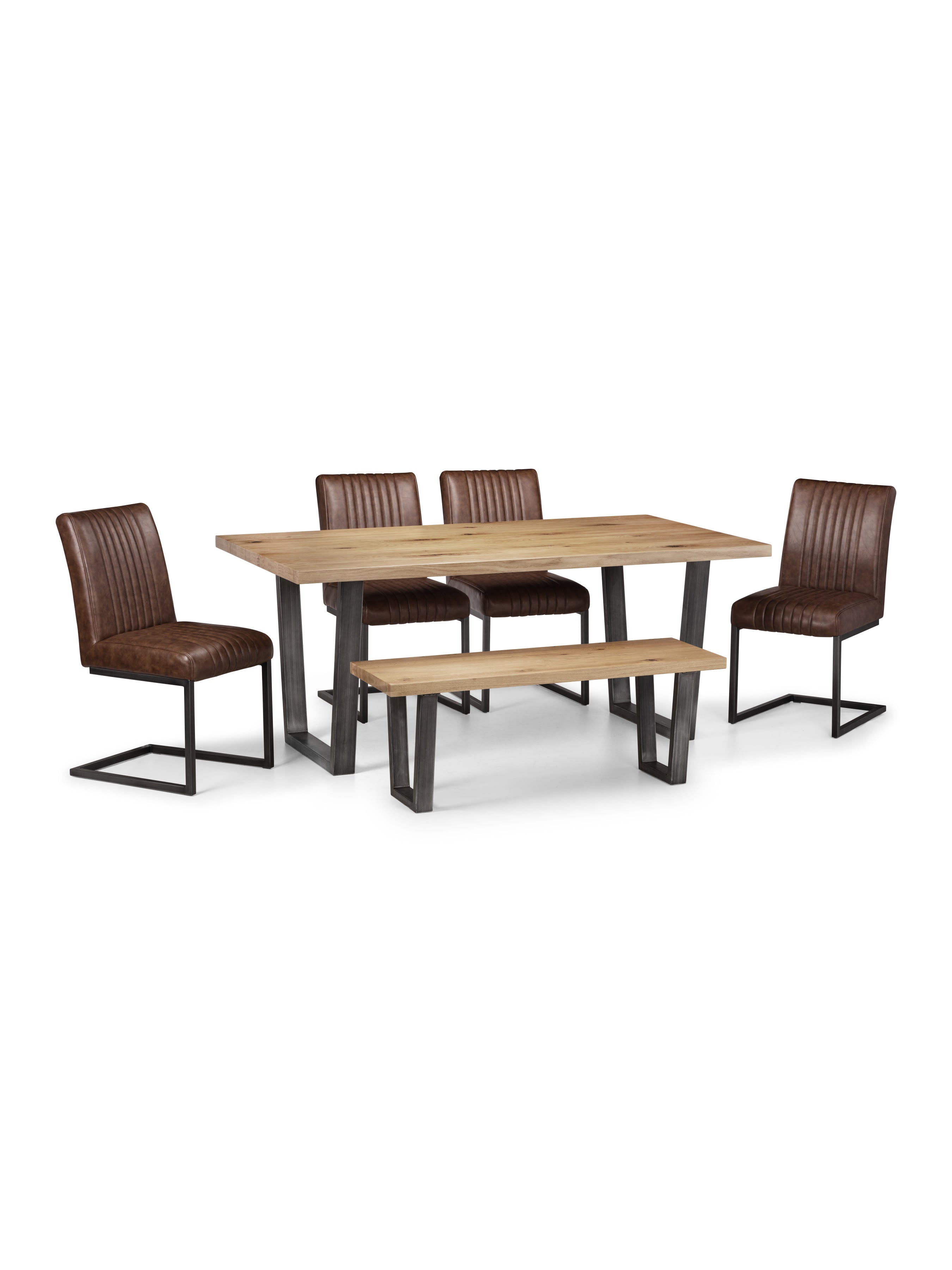 Brooklyn Oak Rectangular Table, 1 Oak Brooklyn Bench and 4 Brown Brooklyn Chairs – Oak / Gunmetal