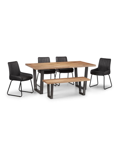 Brooklyn Oak Rectangular Table, 1 Oak Brooklyn Bench and 4 Grey Soho Chairs – Oak Effect and Antique Black