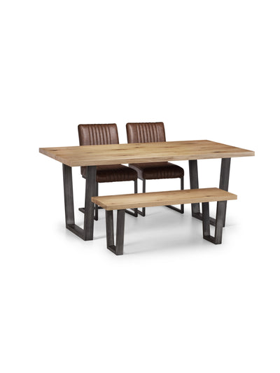 Brooklyn Rectangualr Solid Oak Dining Table Set with 2 Brown Faux Leather Dining Chairs and matching Bench