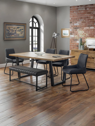 Brooklyn Oak Rectangular Table, 1 Grey Soho Bench and 4 Grey Soho Chairs – Oak Effect and Antique Black