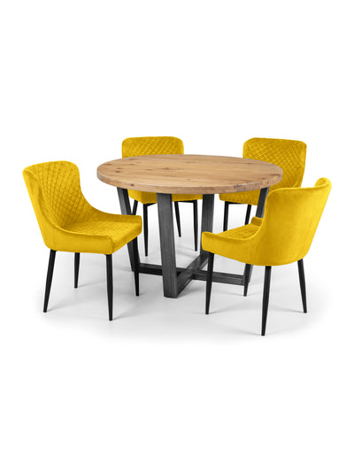 Brooklyn Oak Round Table and 4 Mustard plush Chairs – Oak / Gunmetal