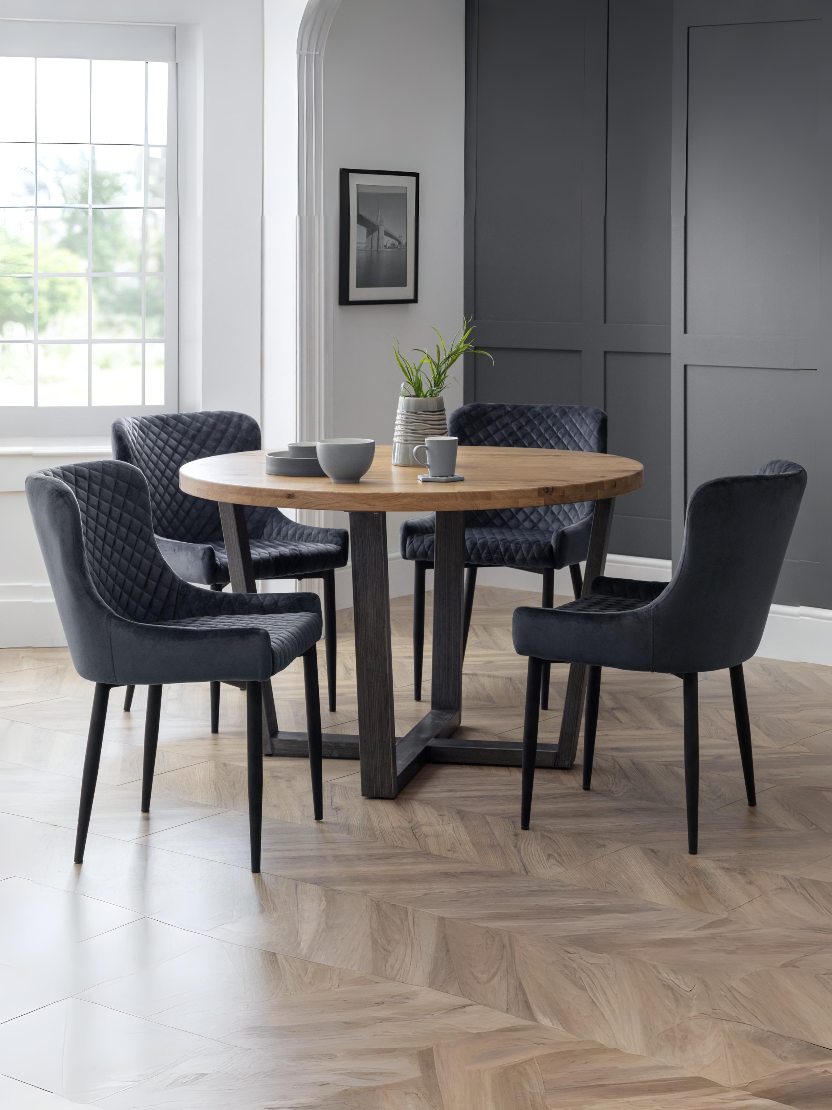 Brooklyn Oak Round Table and 4 Grey plush Chairs – Oak / Gunmetal