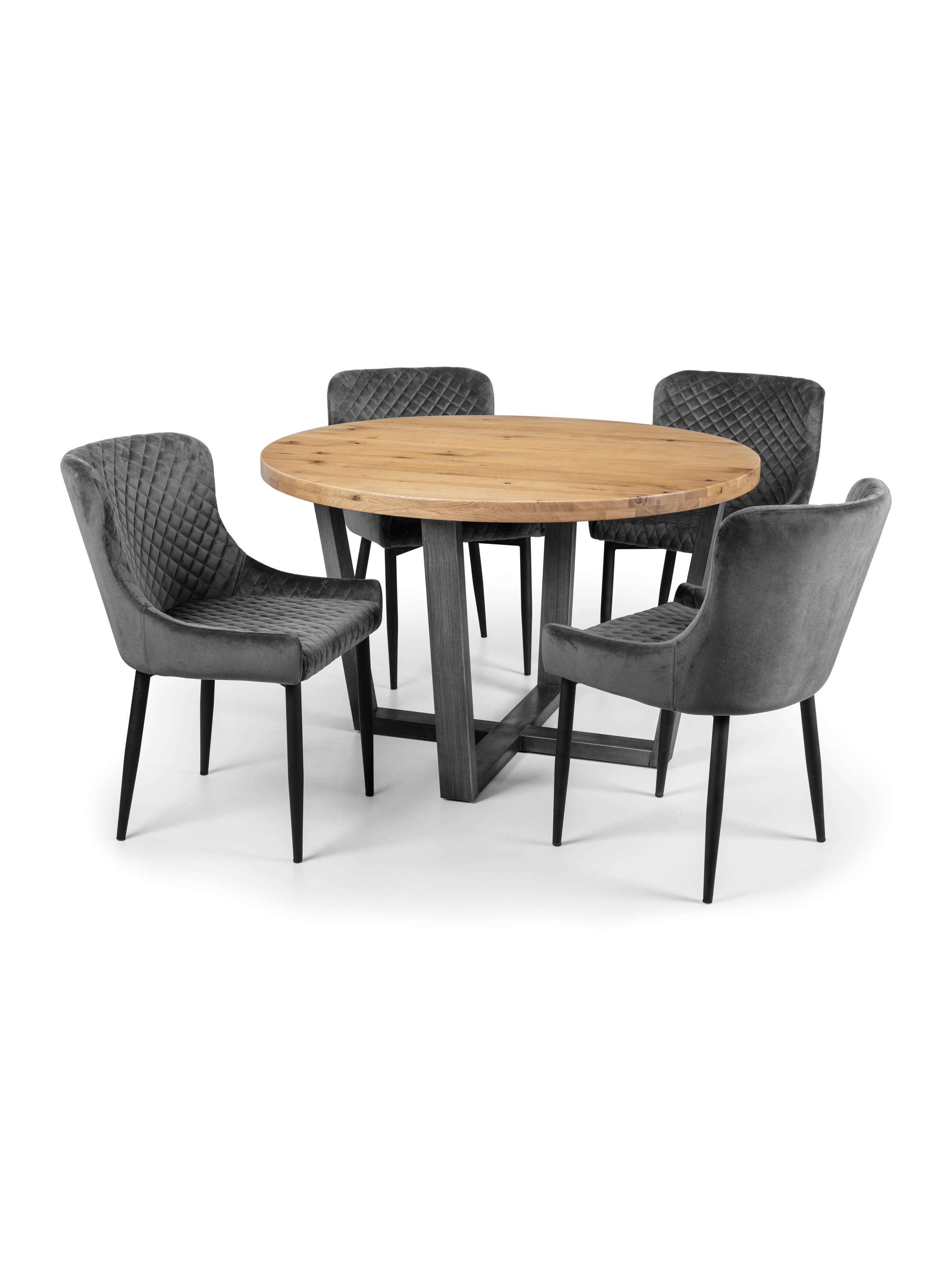 Brooklyn Oak Round Table and 4 Grey plush Chairs – Oak / Gunmetal