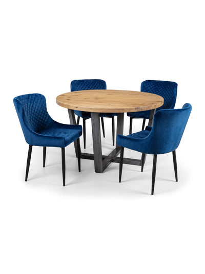 Brooklyn Oak Round Table and 4 Blue plush Chairs – Oak / Gunmetal