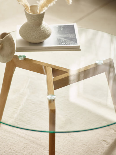 Bryant 80cm Round Glass Coffee Table – Natural Oak