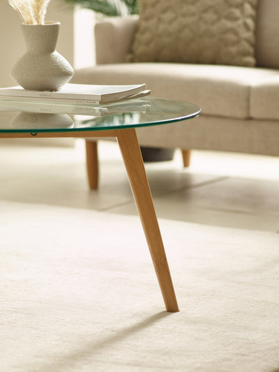 Bryant 80cm Round Glass Coffee Table – Natural Oak