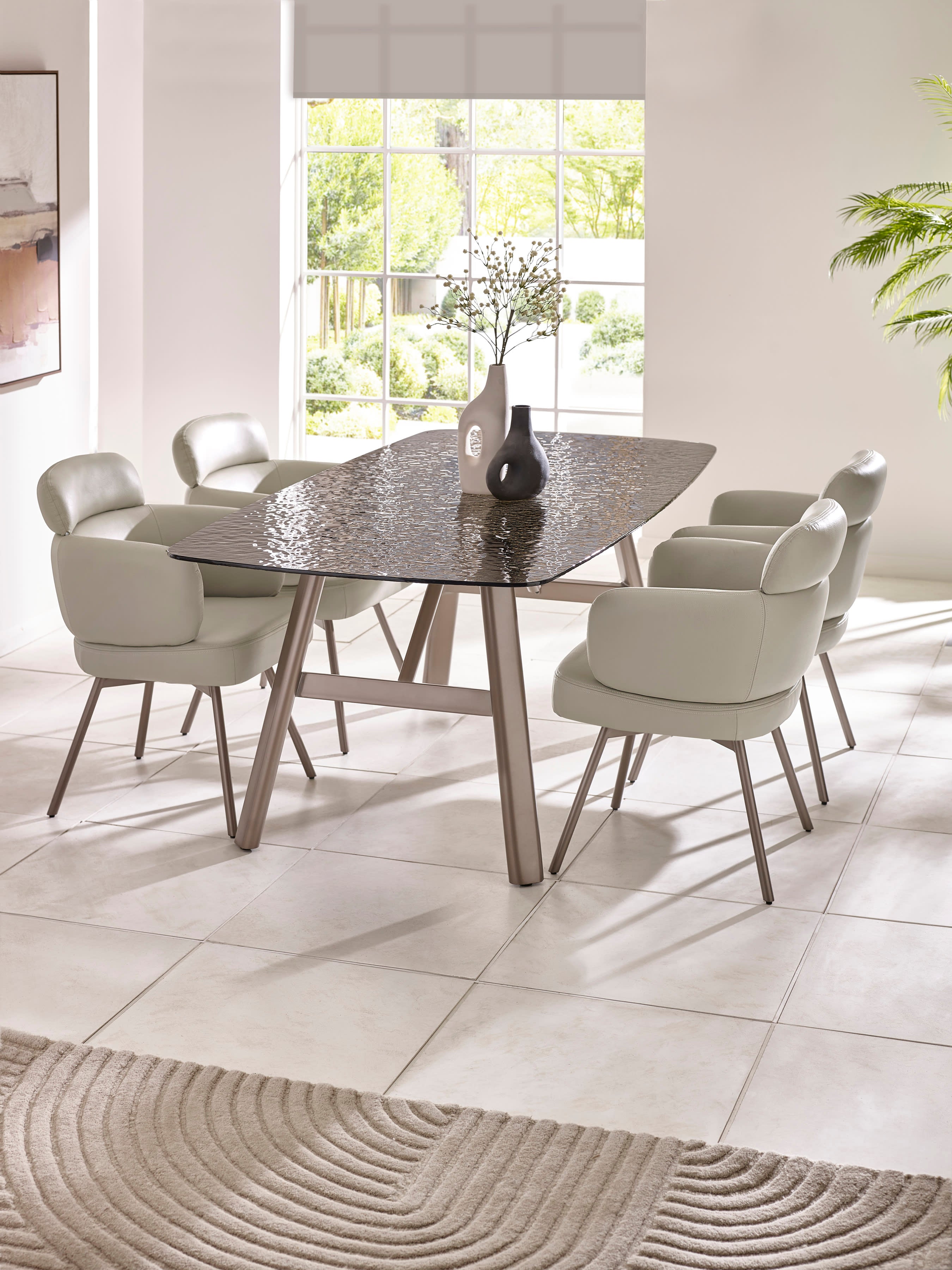 Set of 2 Callisto Beige Faux Leather Swivel Dining Chairs – Taupe Faux Leather and Brushed Bronze