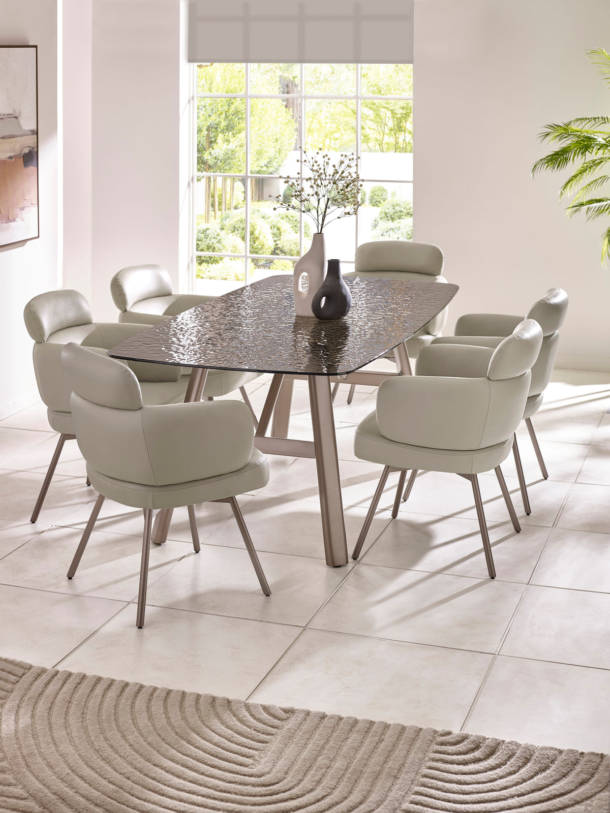 Set of 2 Callisto Beige Faux Leather Swivel Dining Chairs – Taupe Faux Leather and Brushed Bronze