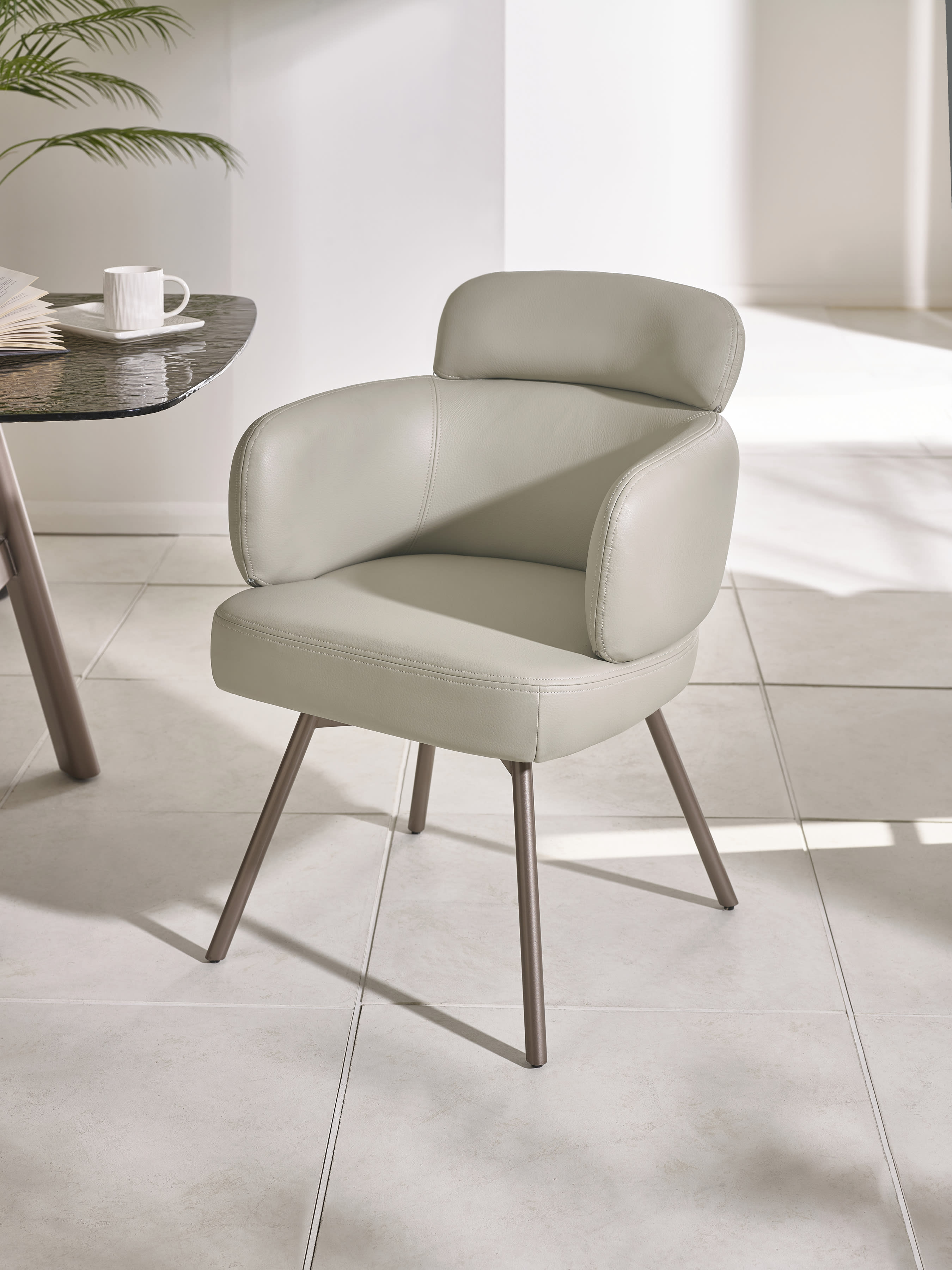 Set of 2 Callisto Beige Faux Leather Swivel Dining Chairs – Taupe Faux Leather and Brushed Bronze