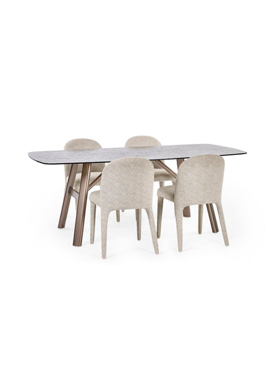 Callisto Rectangular Smoked Bubble Glass Dining Table Set with 4 Holly Fully Upholstered Beige Chenille Dining Chairs – Taupe and Brushed Bronze