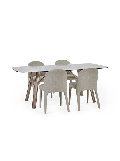 Callisto Rectangular Smoked Bubble Glass Dining Table Set with 4 Holly Fully Upholstered Grey Chenille Dining Chairs – Taupe and Brushed Bronze