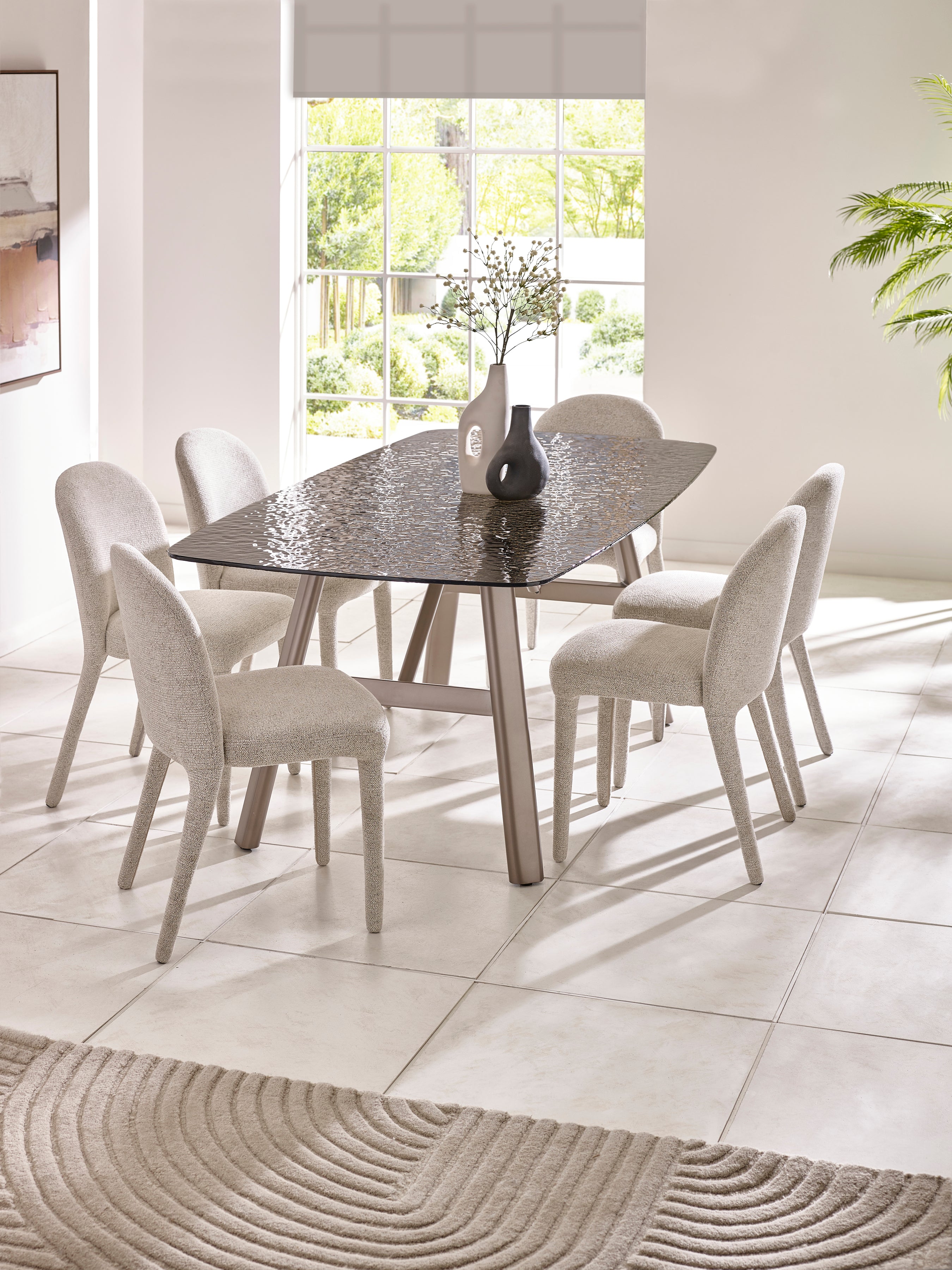 Callisto Rectangular Smoked Bubble Glass Dining Table Set with 6 Holly Fully Upholstered Beige Chenille Dining Chairs – Taupe and Brushed Bronze
