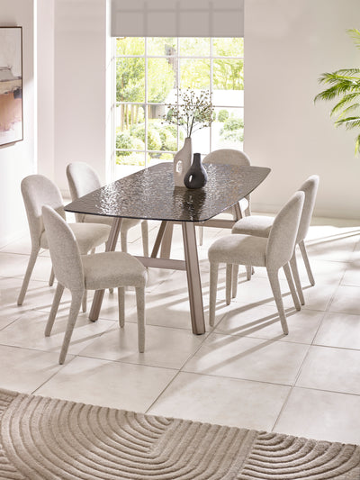 Callisto Rectangular Smoked Bubble Glass Dining Table Set with 6 Holly Fully Upholstered Beige Chenille Dining Chairs – Taupe and Brushed Bronze