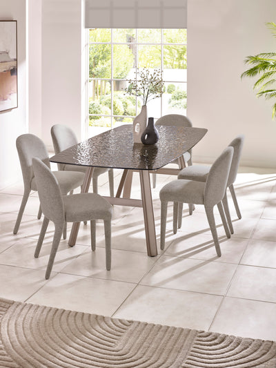Callisto Rectangular Smoked Bubble Glass Dining Table Set with 6 Holly Fully Upholstered Grey Chenille Dining Chairs – Taupe and Brushed Bronze