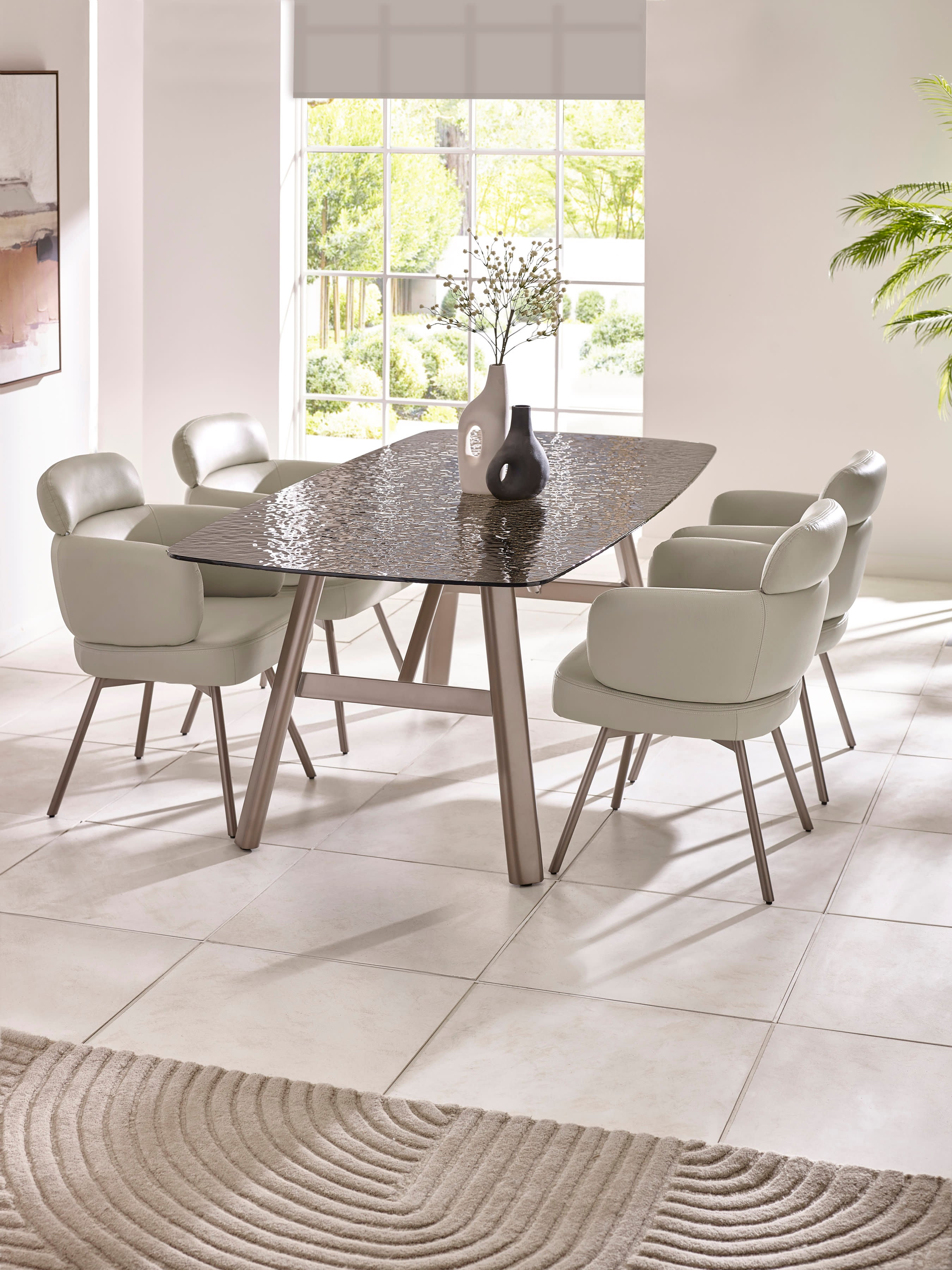 Callisto Rectangular Smoked Bubble Glass Dining Table Set with 4 Beige Faux Leither Upholstered Dining Chairs – Taupe and Brushed Bronze