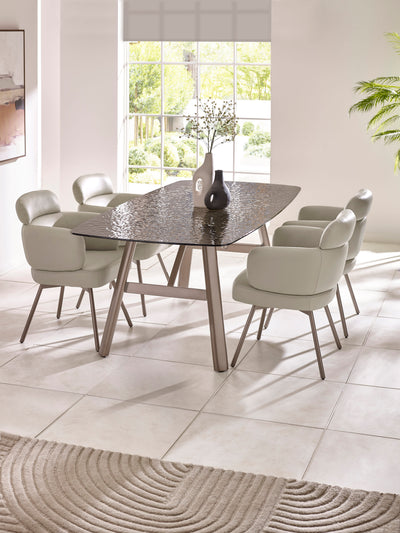 Callisto Rectangular Smoked Bubble Glass Dining Table Set with 4 Beige Faux Leither Upholstered Dining Chairs – Taupe and Brushed Bronze