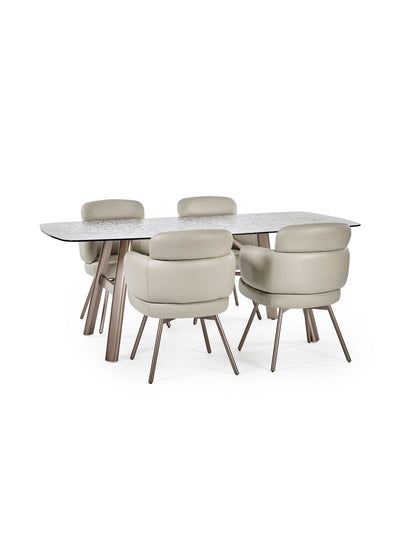 Callisto Rectangular Smoked Bubble Glass Dining Table Set with 4 Beige Faux Leither Upholstered Dining Chairs – Taupe and Brushed Bronze