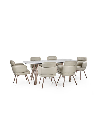 Callisto Rectangular Smoked Bubble Glass Dining Table Set with 6 Beige Faux Leither Upholstered Dining Chairs – Taupe and Brushed Bronze