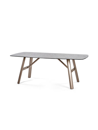 Callisto Rectangular Smoked Bubble Glass Dining Table Set with 6 Beige Faux Leither Upholstered Dining Chairs – Taupe and Brushed Bronze