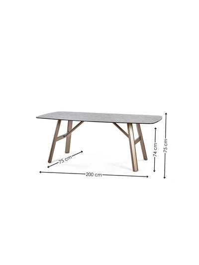 Callisto Rectangular Smoked Bubble Glass Dining Table Set with 6 Beige Faux Leither Upholstered Dining Chairs – Taupe and Brushed Bronze