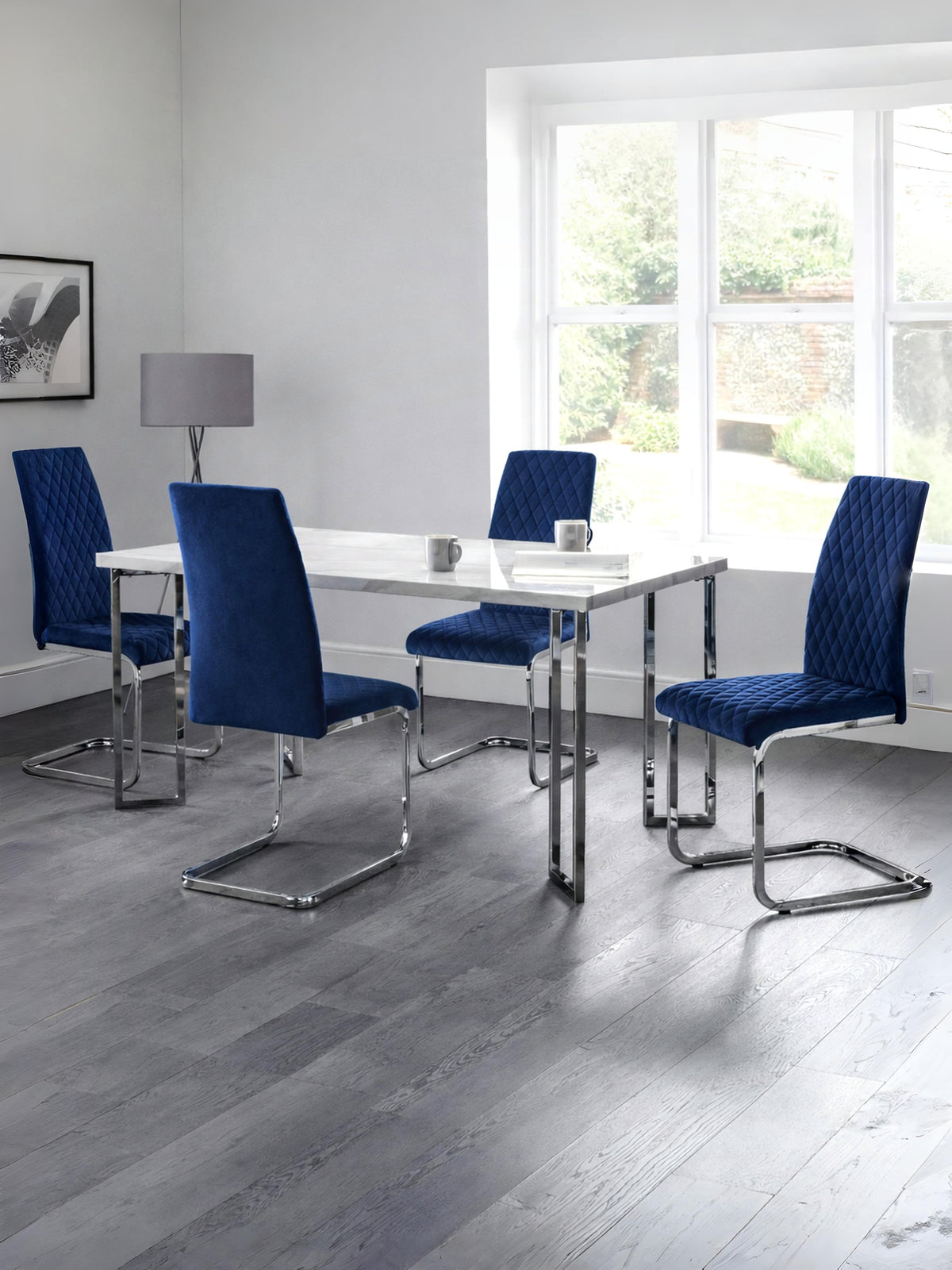 Calabria Velvet Cantilever Chairs - Blue (Set Of 4)