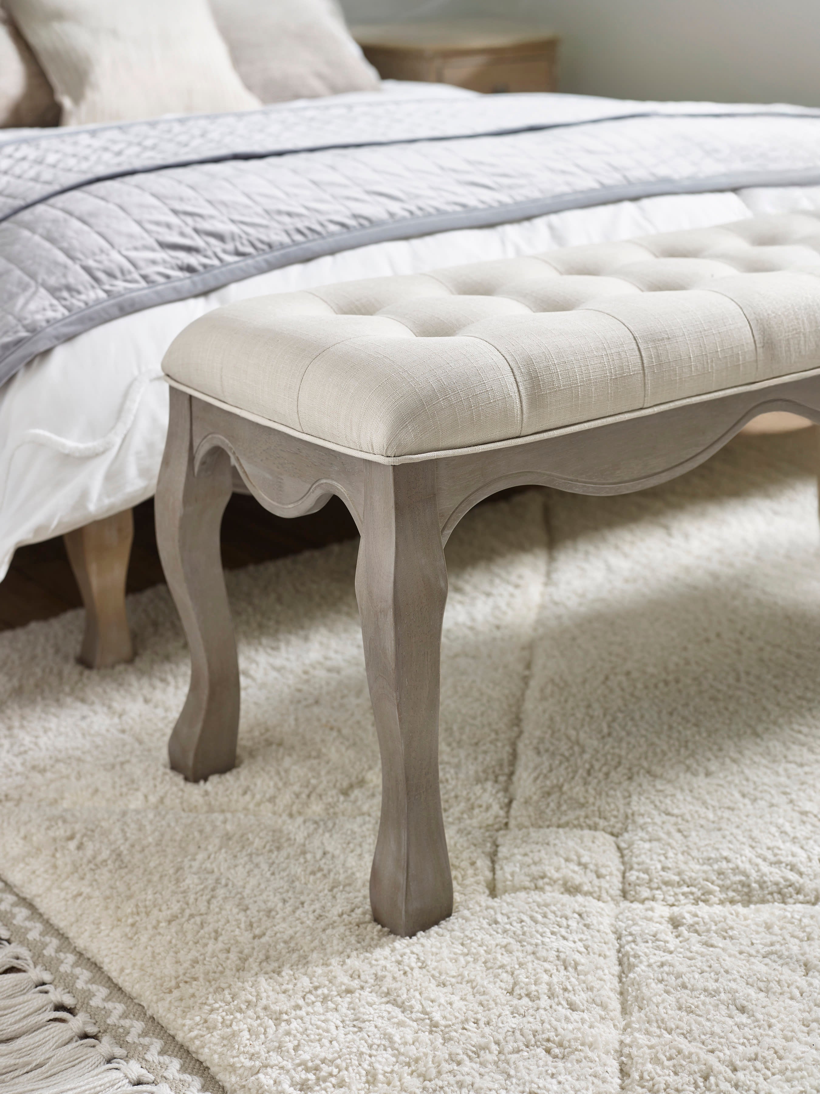Camille Oatmeal Linen Upholstered Bench with French Style Legs – Oatmeal Linen and Limed Oak