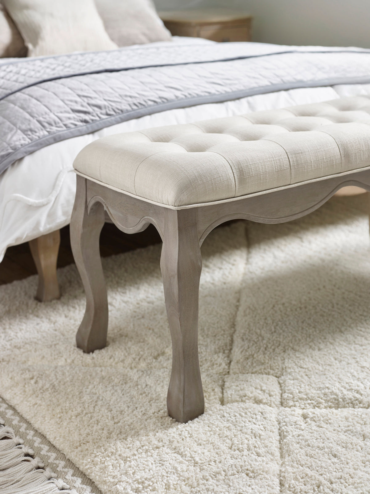 Camille Oatmeal Linen Upholstered Bench with French Style Legs – Oatmeal Linen and Limed Oak