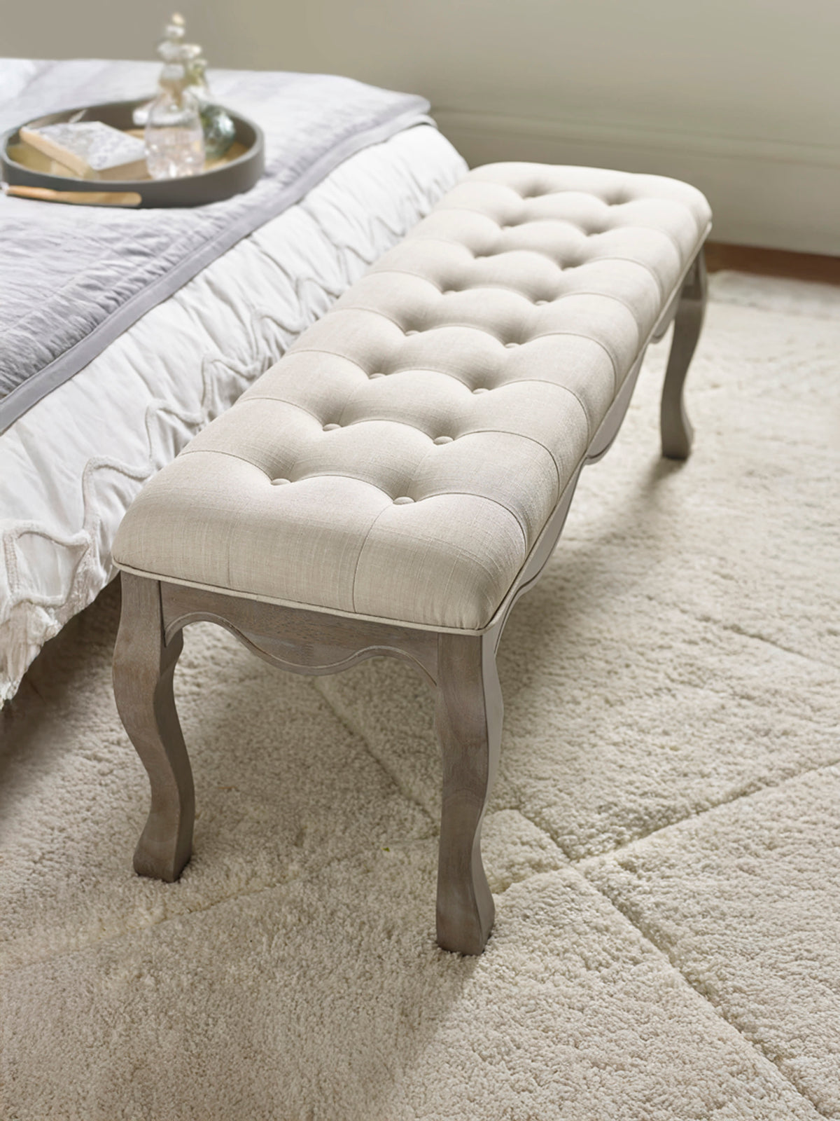 Camille Oatmeal Linen Upholstered Bench with French Style Legs – Oatmeal Linen and Limed Oak