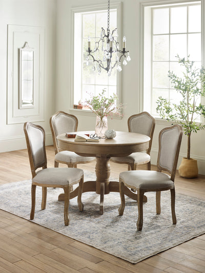 Set of 2 Camille Limed Oak Rattan Back Dining Chairs with French Style Legs – Oatmeal Linen and Limed Oak
