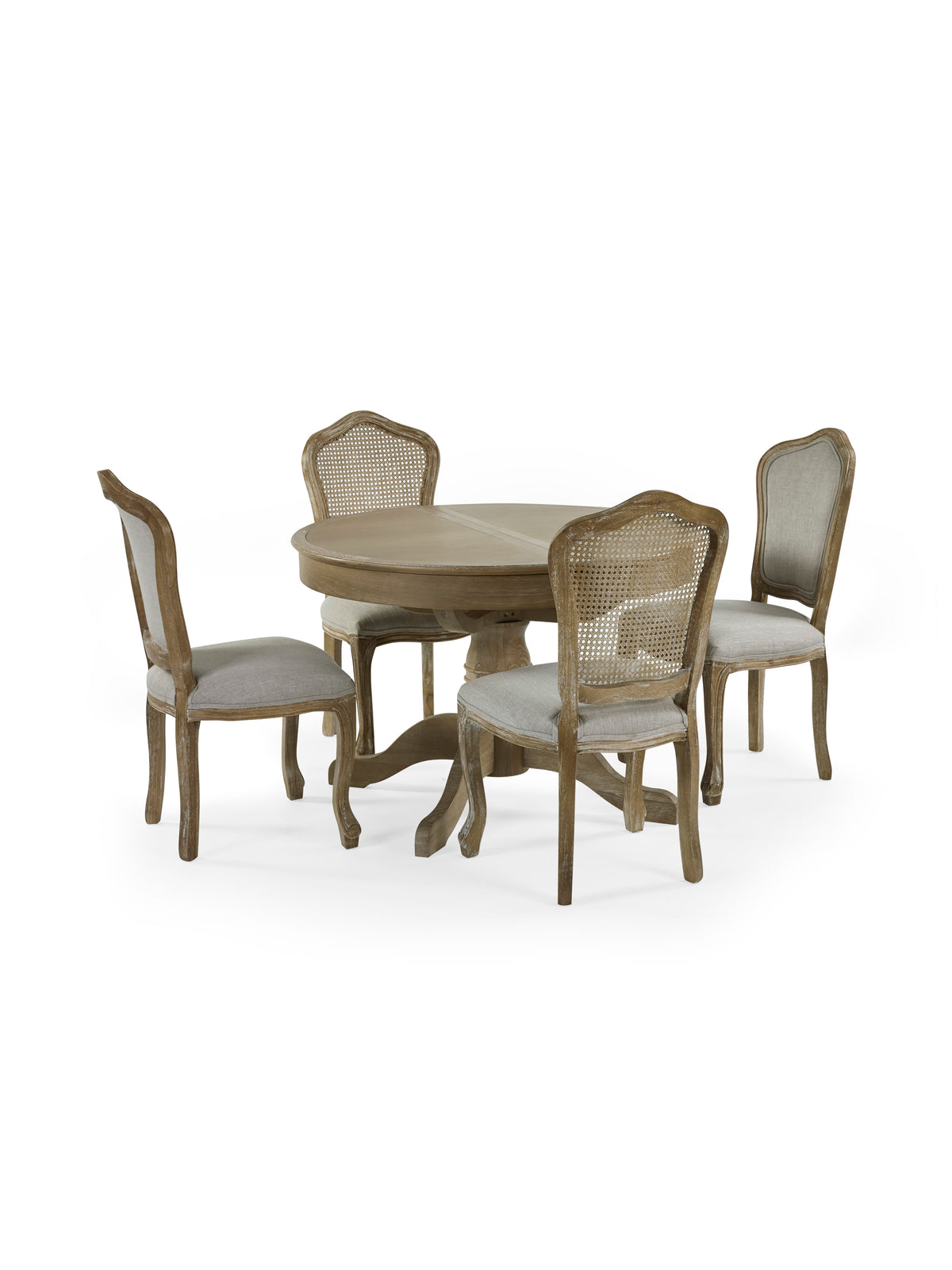 Set of 2 Camille Limed Oak Rattan Back Dining Chairs with French Style Legs – Oatmeal Linen and Limed Oak