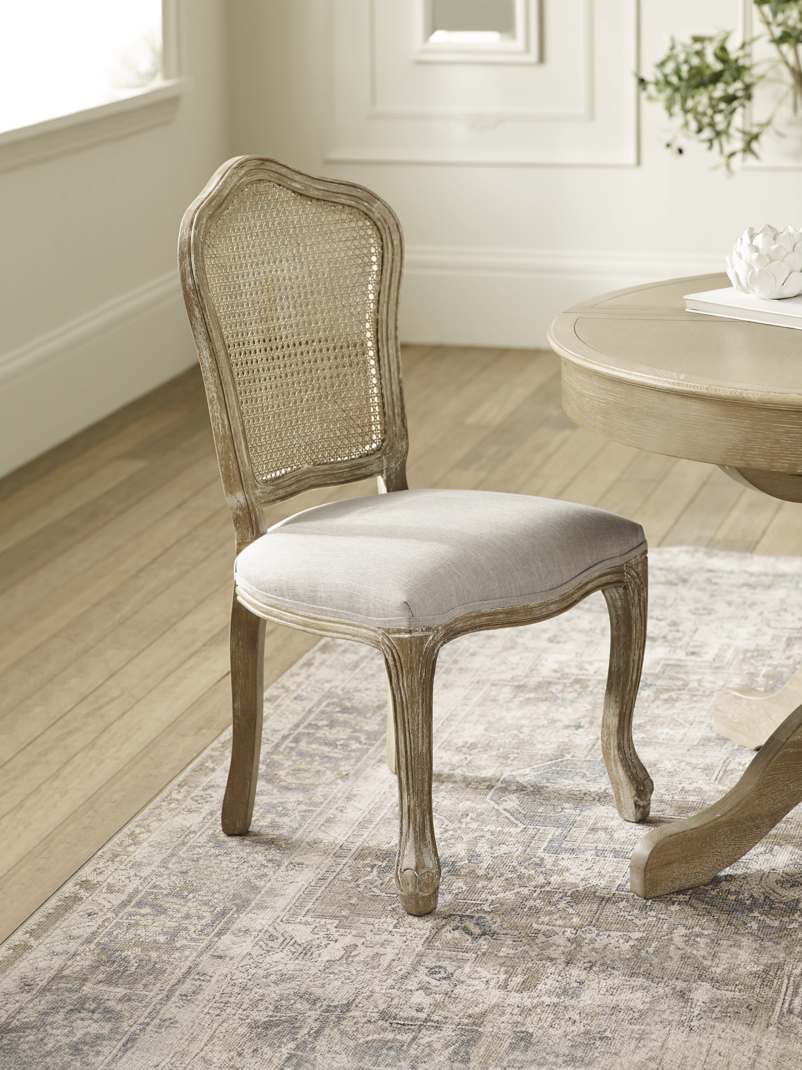Set of 2 Camille Limed Oak Rattan Back Dining Chairs with French Style Legs – Oatmeal Linen and Limed Oak