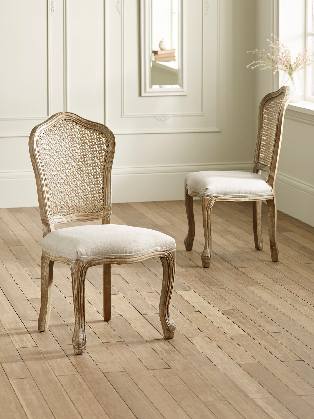 Set of 2 Camille Limed Oak Rattan Back Dining Chairs with French Style Legs – Oatmeal Linen and Limed Oak