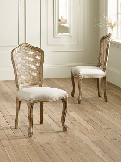 Set of 2 Camille Limed Oak Rattan Back Dining Chairs with French Style Legs – Oatmeal Linen and Limed Oak