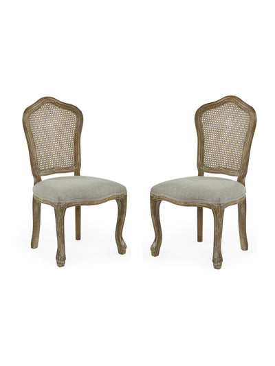 Set of 2 Camille Limed Oak Rattan Back Dining Chairs with French Style Legs – Oatmeal Linen and Limed Oak