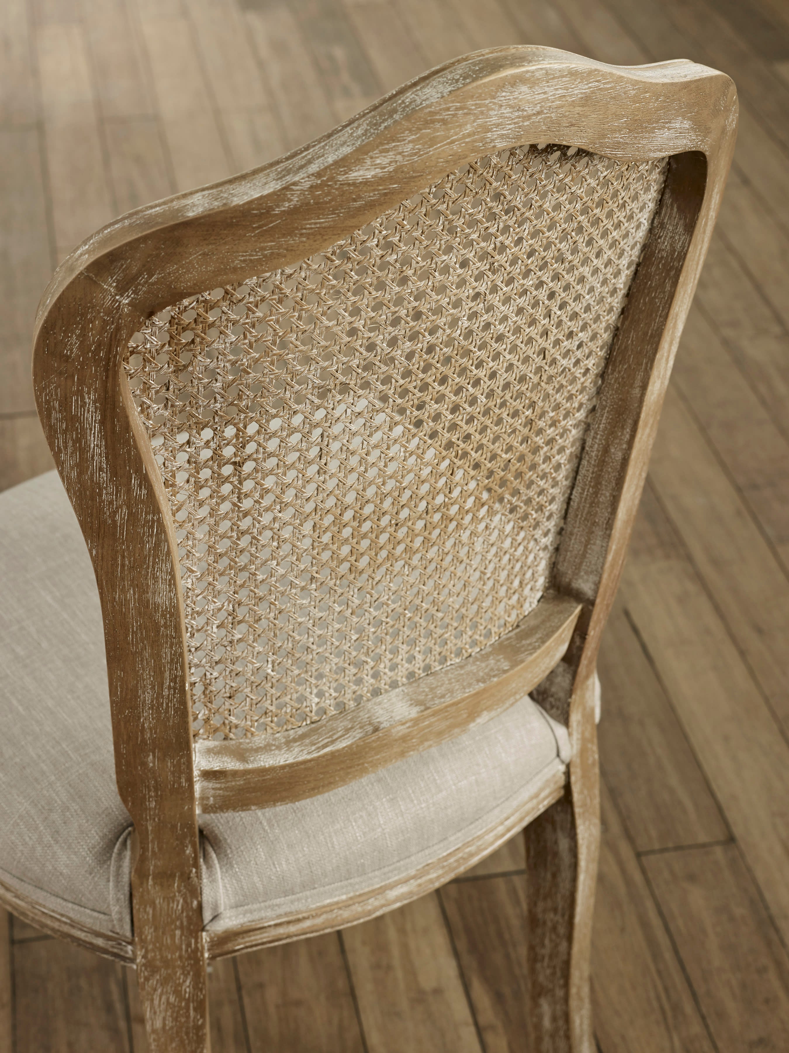 Set of 2 Camille Limed Oak Rattan Back Dining Chairs with French Style Legs – Oatmeal Linen and Limed Oak