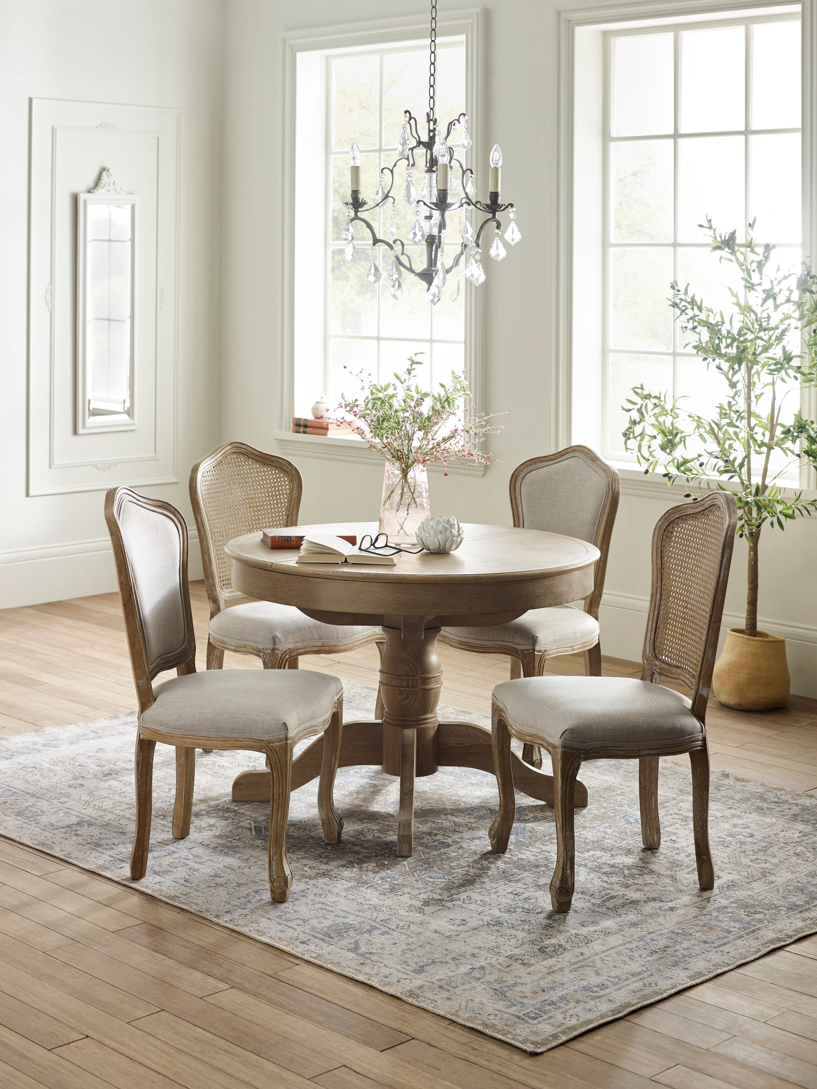 Set of 2 Camille Oatmeal Linen Upholstered Dining Chairs with French Style Legs – Oatmeal Linen and Limed Oak