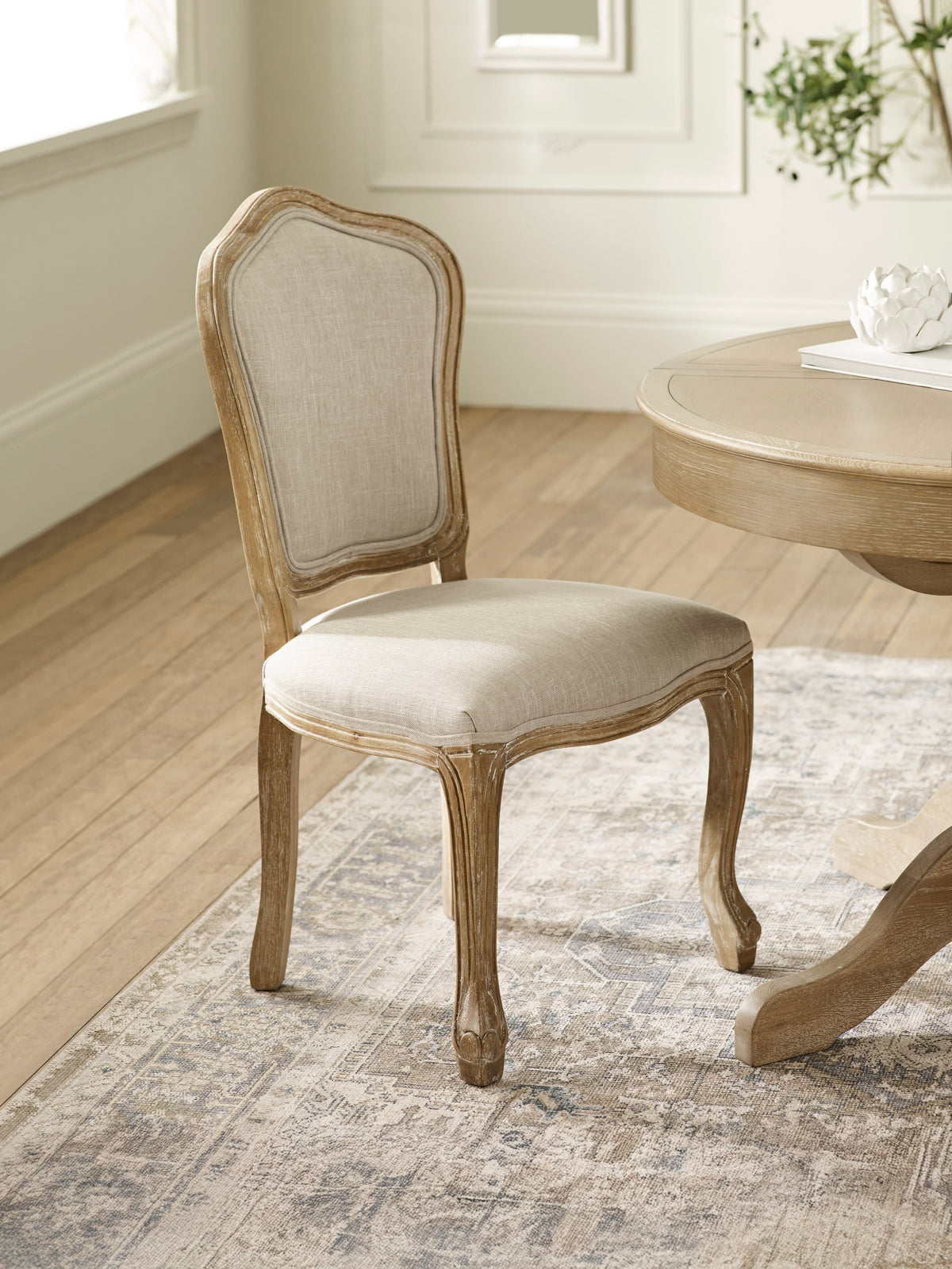 Set of 2 Camille Oatmeal Linen Upholstered Dining Chairs with French Style Legs – Oatmeal Linen and Limed Oak