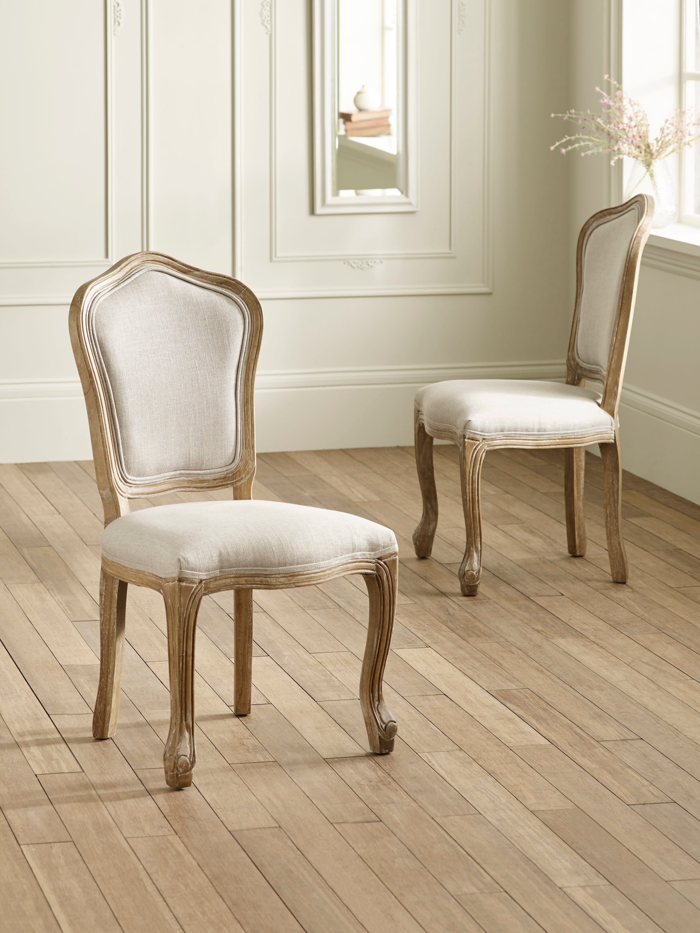Set of 2 Camille Oatmeal Linen Upholstered Dining Chairs with French Style Legs – Oatmeal Linen and Limed Oak
