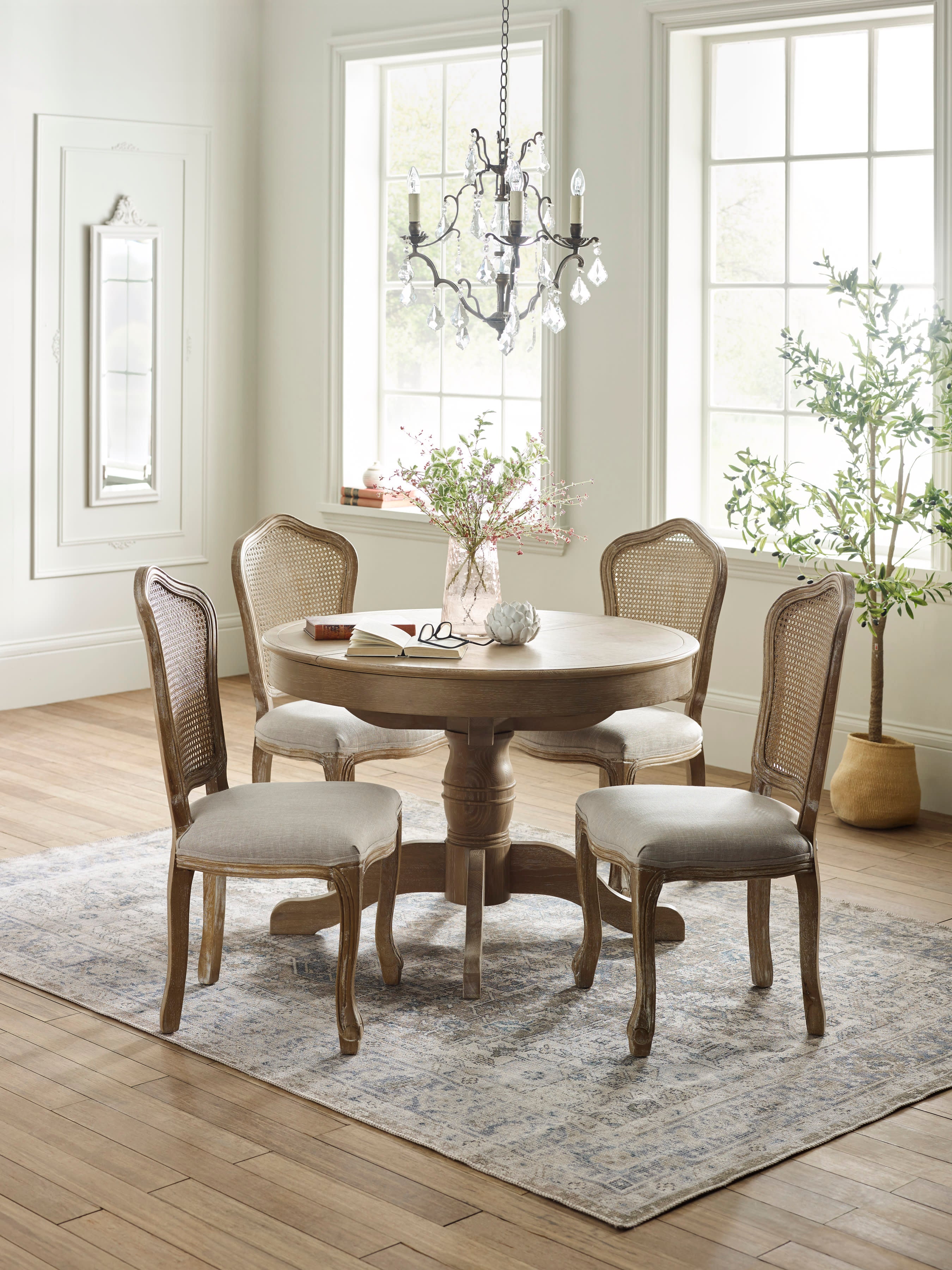 Camille Round Limed Oak Extending Dining Table Set with 4 Rattan Back Chairs