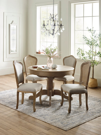 Camille Round Limed Oak Extending Dining Table Set with 2 Rattan Back, and 2 Upholstered Chairs
