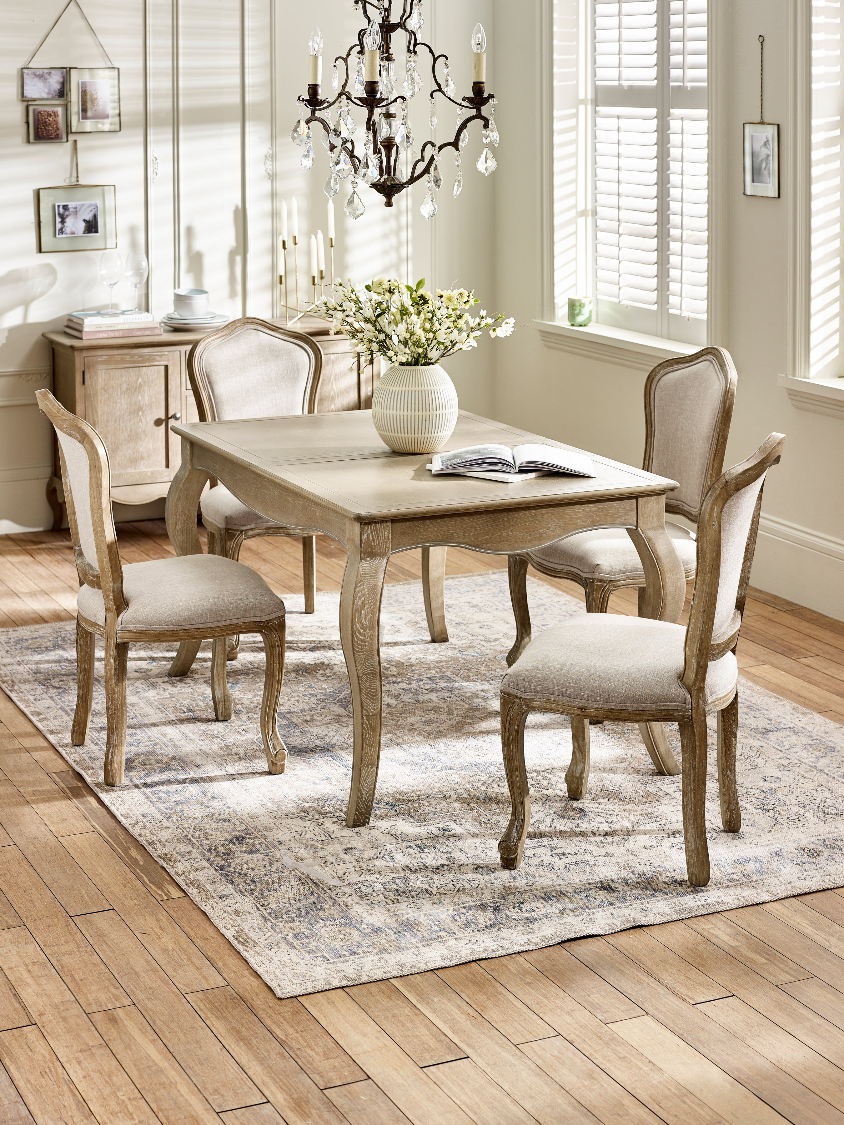 Camille Limed Oak Extending Rectangular Dining Set with 4 Upholstered Chairs – Limed Oak and Oatmeal Linen
