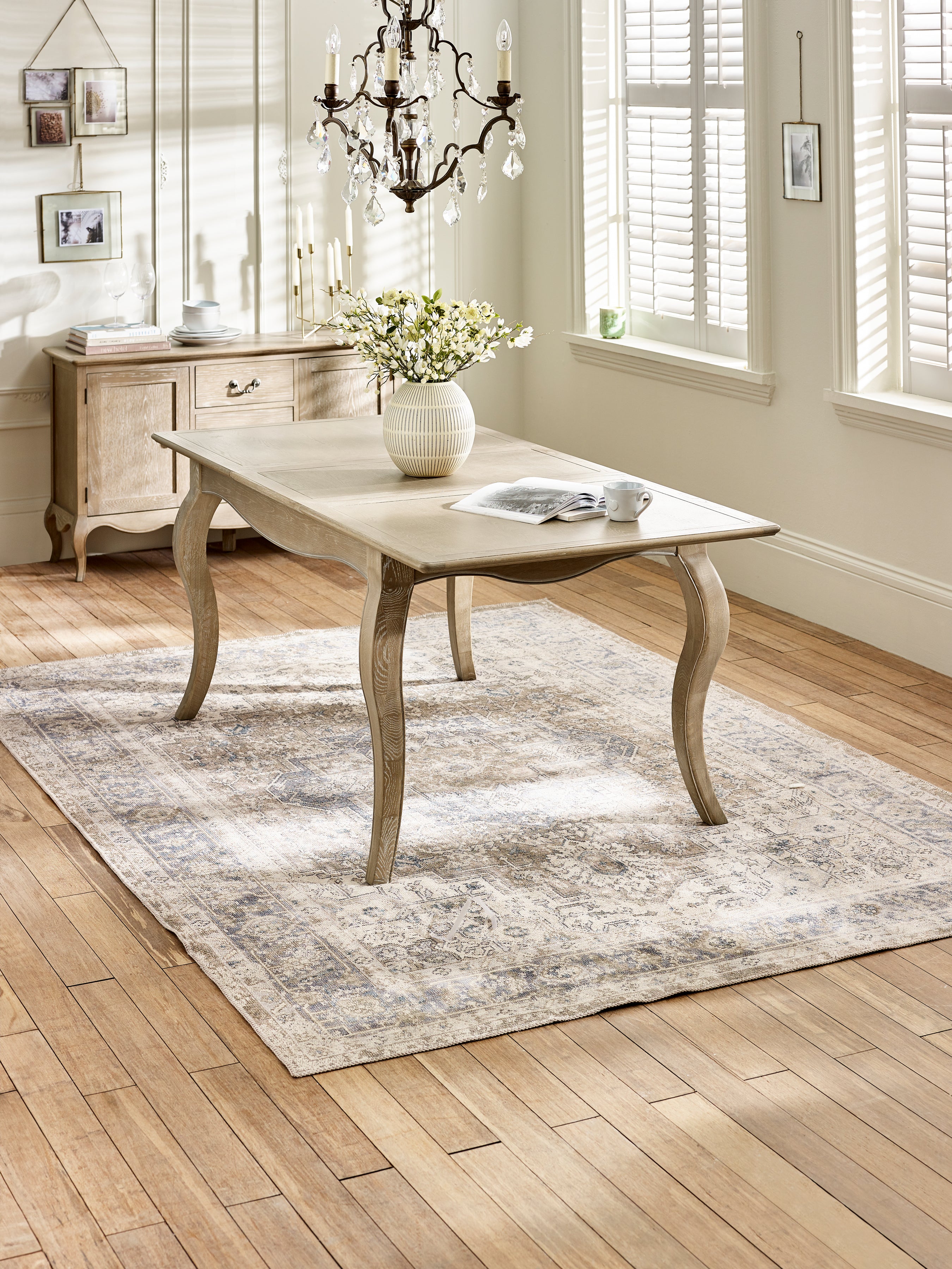 Camille Limed Oak Extending Rectangular Dining Set with 4 Upholstered Chairs – Limed Oak and Oatmeal Linen