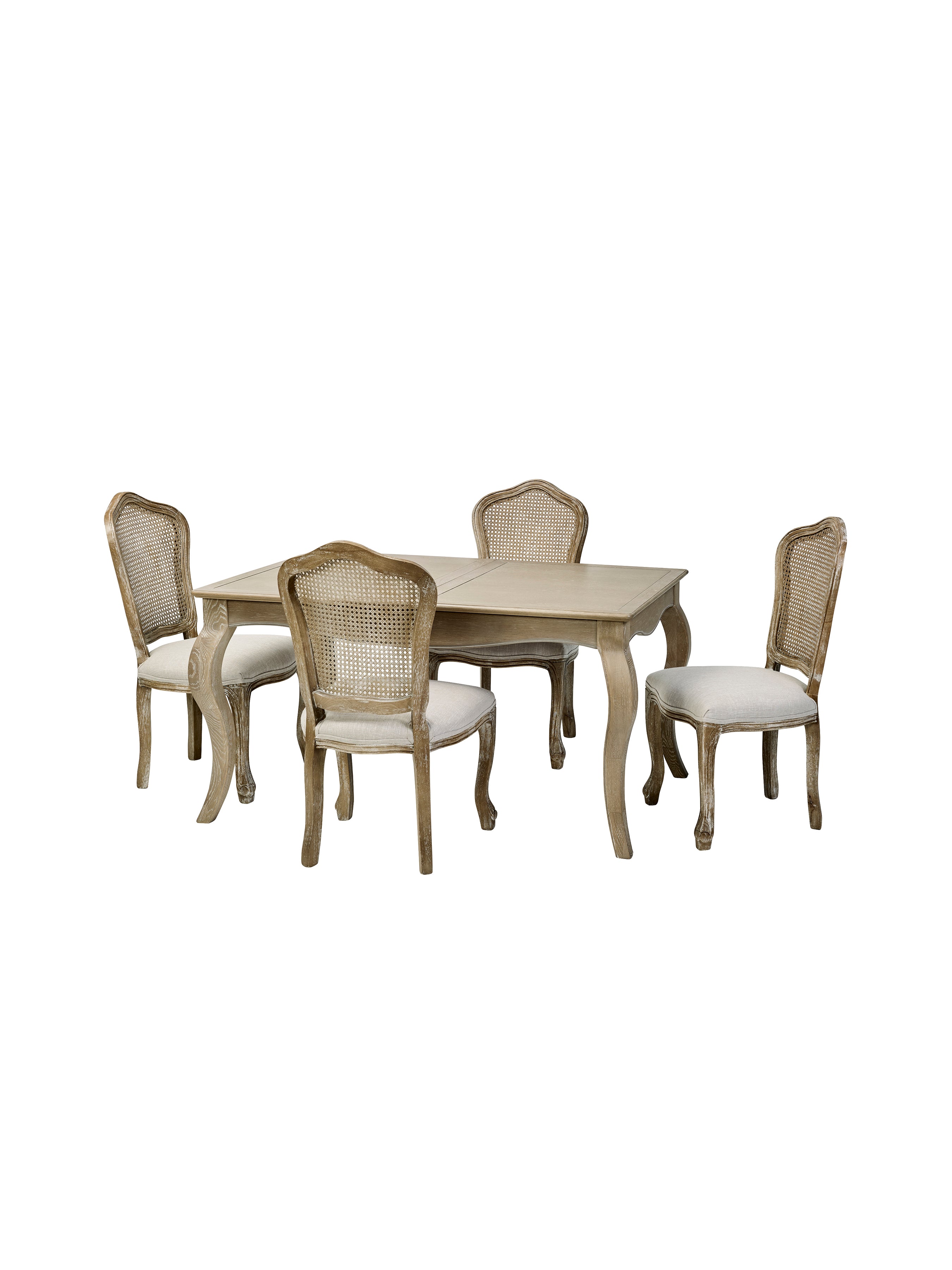 Camille Limed Oak Extending Rectangular Dining Set with 4 Rattan Chairs – Limed Oak and Oatmeal Linen