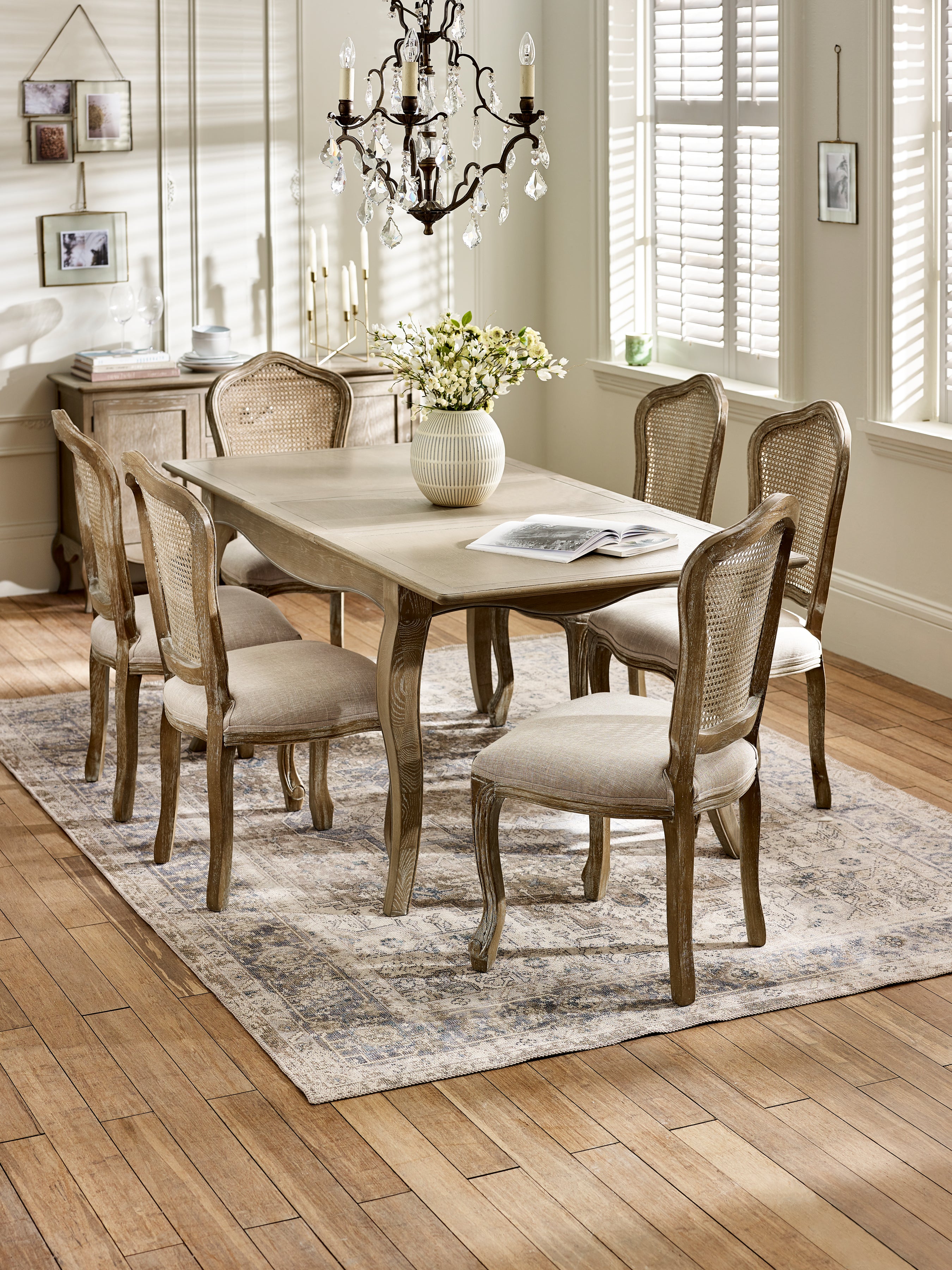 Camille Limed Oak Extending Rectangular Dining Set with 6 Rattan Chairs – Limed Oak and Oatmeal Linen