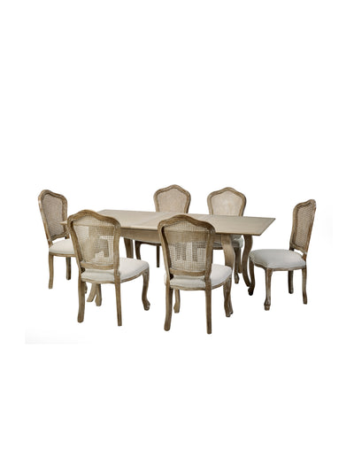 Camille Limed Oak Extending Rectangular Dining Set with 6 Rattan Chairs – Limed Oak and Oatmeal Linen
