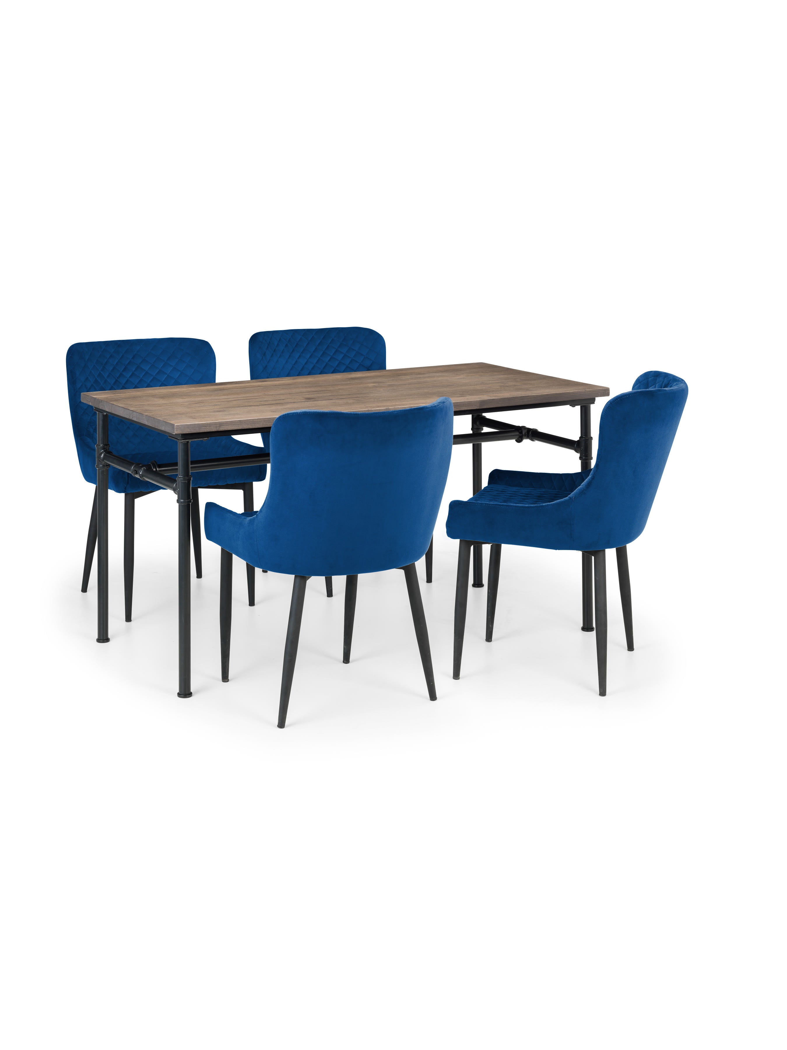 Carnegie Table and 4 Blue plush Chairs – Mocha Elm