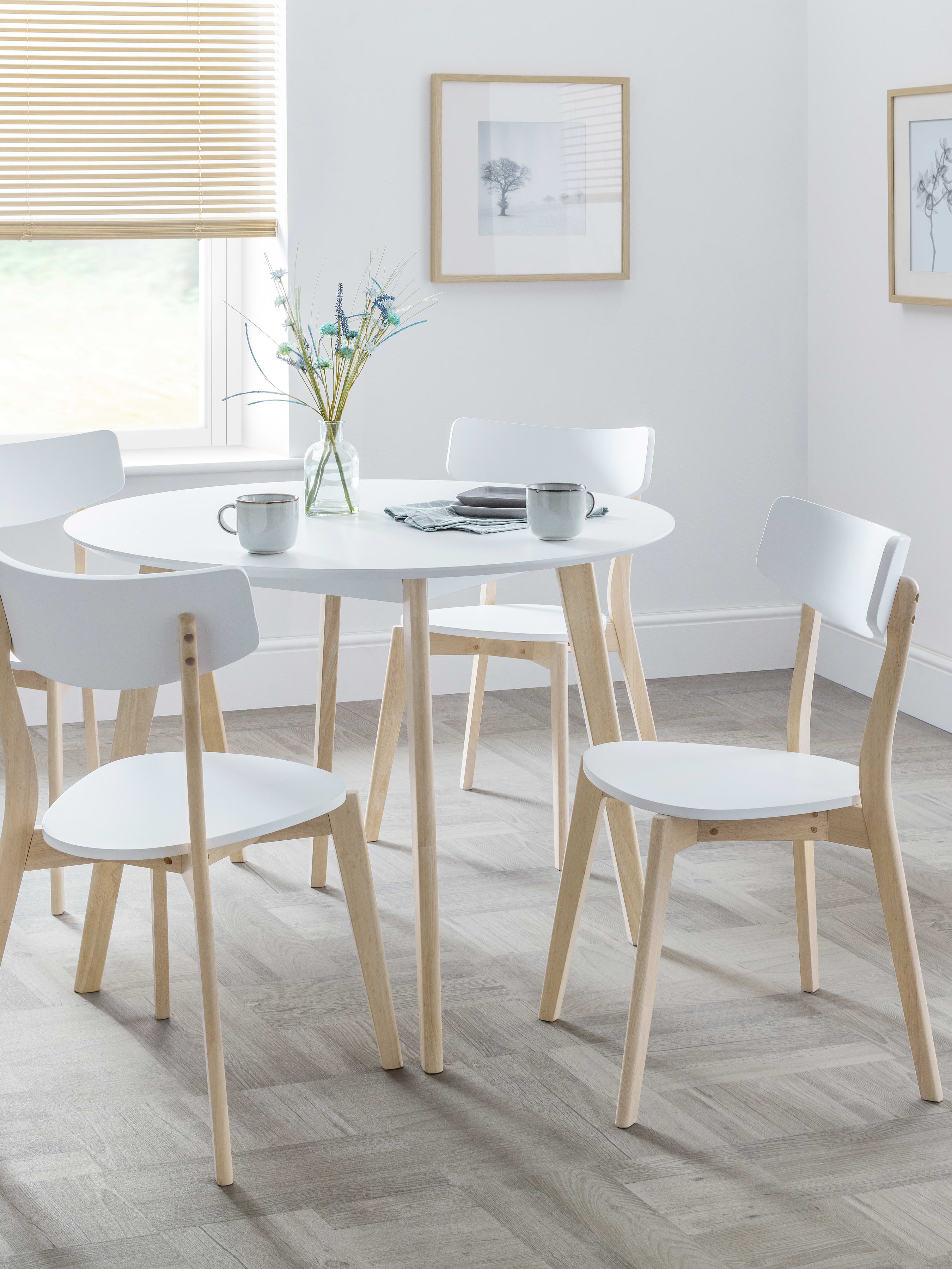 Casa White Round Table and 4 White Casa Chairs – White and Limed Oak Effect