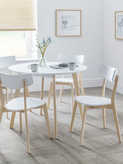 Casa White Round Table and 4 White Casa Chairs – White and Limed Oak Effect