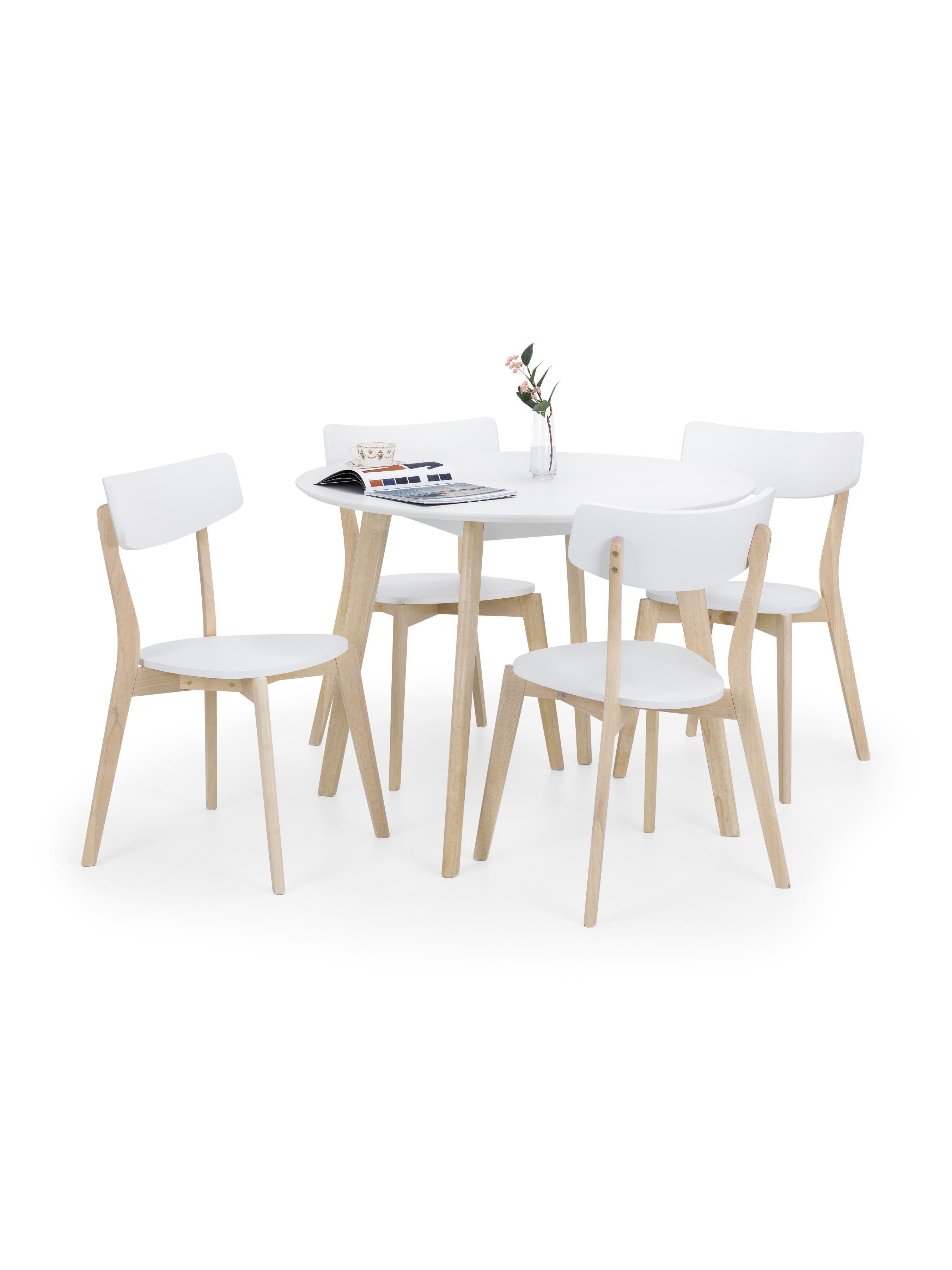 Casa White Round Table and 4 White Casa Chairs – White and Limed Oak Effect