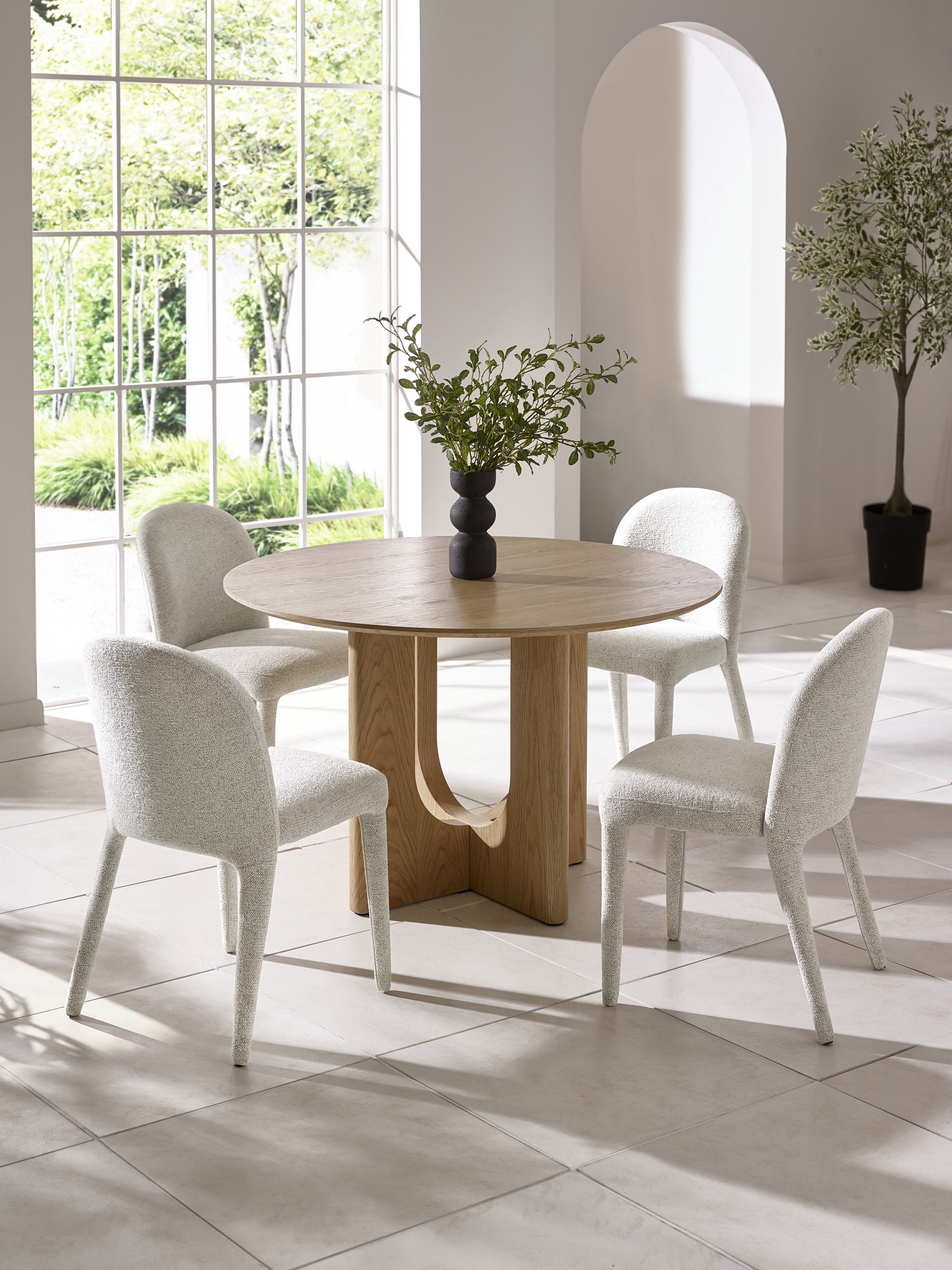 Cellini Round Oak Effect Dining Set with 4 Holly Fully Upholstered Beige Chenille Chairs – Natural Oak Effect